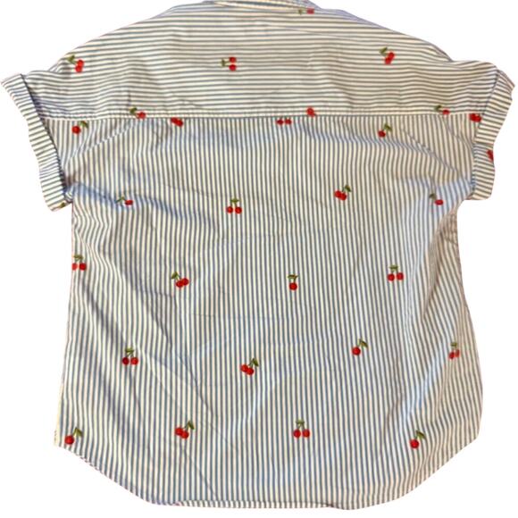 Embroidered Cherry Stripe Button Down Shirt Women's Medium Fruitcore Coquette - Picture 3 of 16